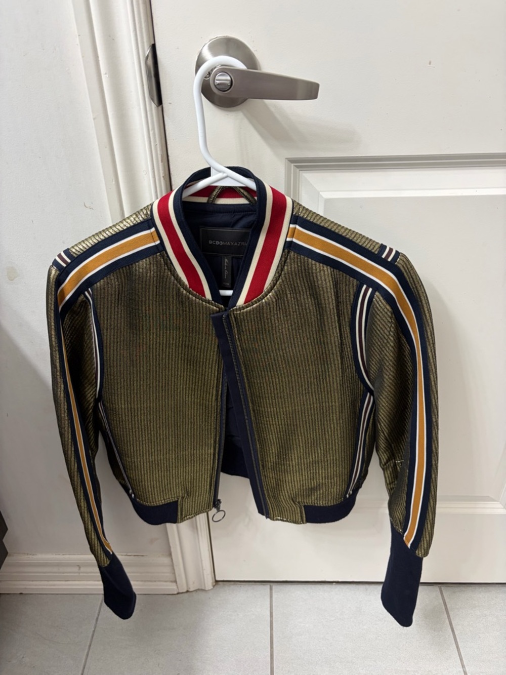 BCBGMaxAzria Olive and Navy Cropped Bomber with Red-Trim Collar